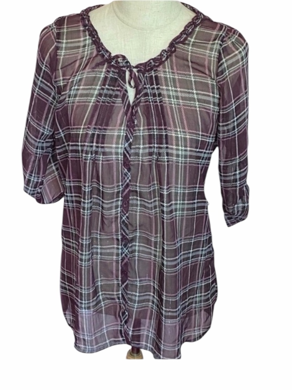 VANITY Medium Sheer Purple Keyhole Neck Tie Front Long Sleeve Button Up Blouse